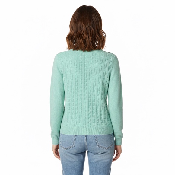 Talbots NWT Mint Green Speckled Cable Knit Sweater Petite Medium Button Shoulder - Picture 9 of 10